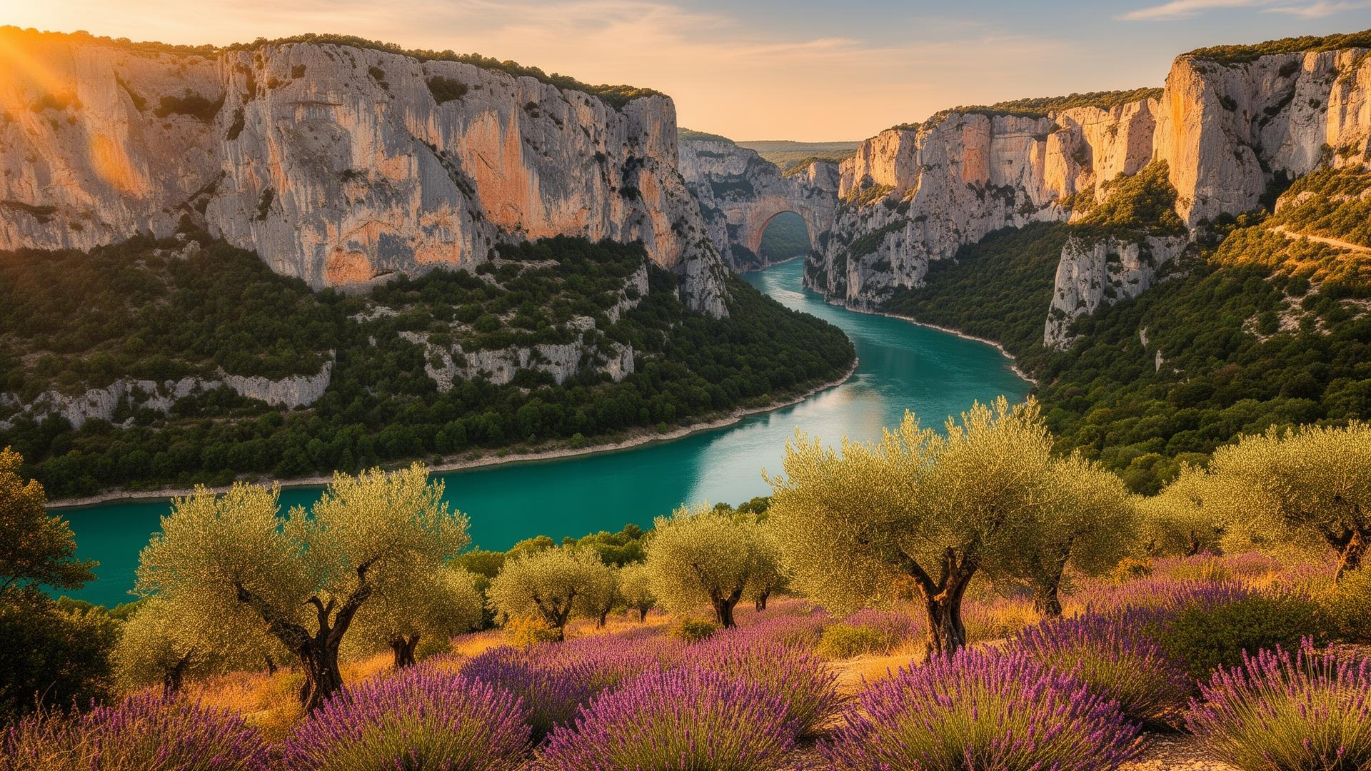 Vue panoramique des Gorges de l'Ardèche avec le Pont d'Arc et les eaux turquoise